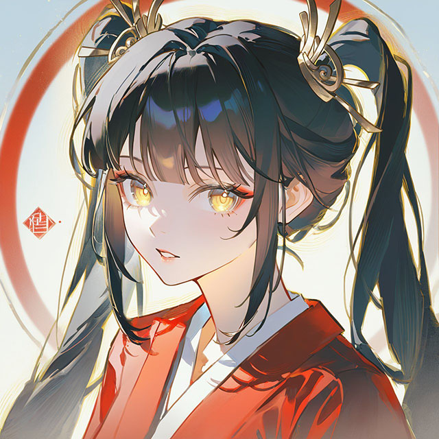 黑发金瞳、身着红衣的古风角色插画